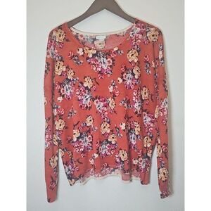 Garnet‎ Hill 100% Merino Wool Soft Knit Sweater Size L Orange  Floral Scoop Neck